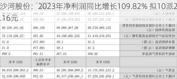 沙河股份：2023年净利润同比增长109.82% 拟10派2.16元