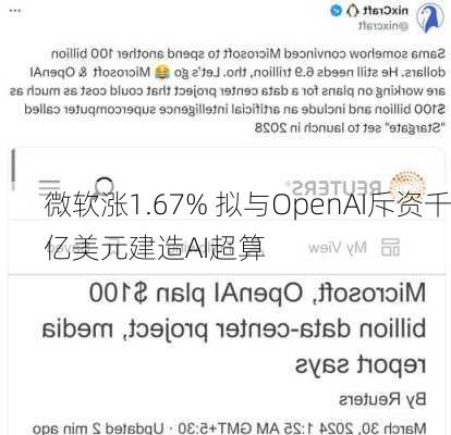 微软涨1.67% 拟与OpenAI斥资千亿美元建造AI超算