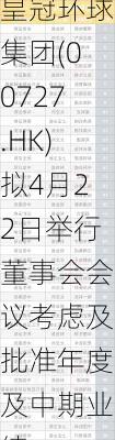 皇冠环球集团(00727.HK)拟4月22日举行董事会会议考虑及批准年度及中期业绩