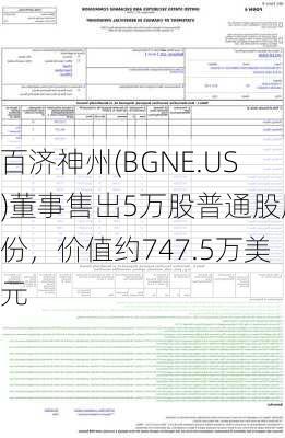 百济神州(BGNE.US)董事售出5万股普通股股份，价值约747.5万美元