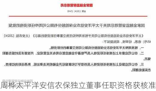 周桦太平洋安信农保独立董事任职资格获核准