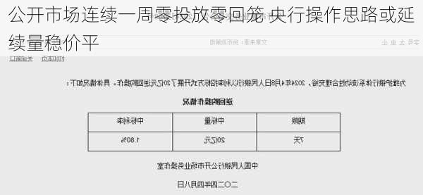 公开市场连续一周零投放零回笼 央行操作思路或延续量稳价平