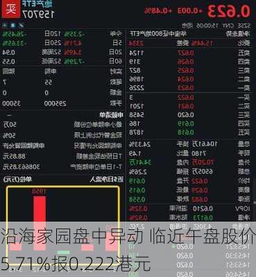 沿海家园盘中异动 临近午盘股价大涨5.71%报0.222港元