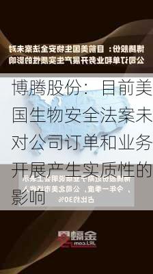 博腾股份：目前美国生物安全法案未对公司订单和业务开展产生实质性的影响