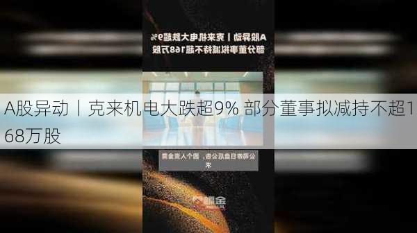 A股异动丨克来机电大跌超9% 部分董事拟减持不超168万股