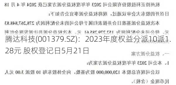 腾达科技(001379.SZ)：2023年度权益分派10派1.28元 股权登记日5月21日