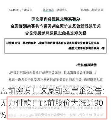 盘前突发！这家知名房企公告：无力付款！此前股价大涨近90%