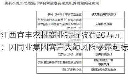 江西宜丰农村商业银行被罚30万元：因同业集团客户大额风险暴露超标