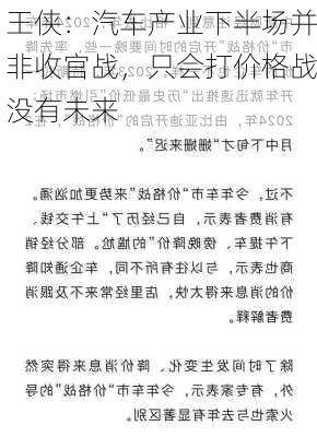 王侠：汽车产业下半场并非收官战，只会打价格战没有未来