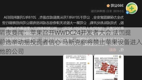 隔夜要闻：苹果召开WWDC24开发者大会 法国提前选举动摇投资者信心 马斯克称将禁止苹果设备进入他的公司