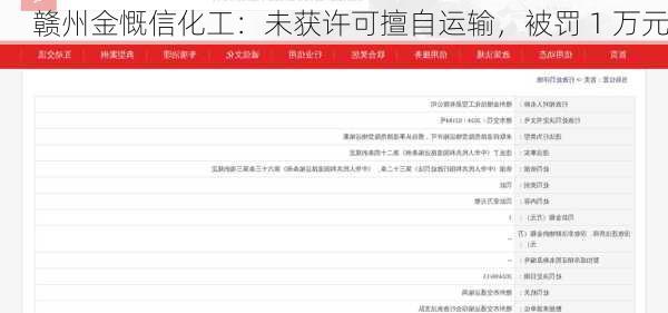 赣州金慨信化工：未获许可擅自运输，被罚 1 万元
