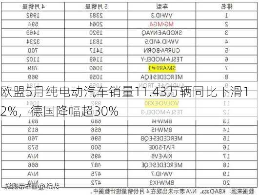 欧盟5月纯电动汽车销量11.43万辆同比下滑12%，德国降幅超30%