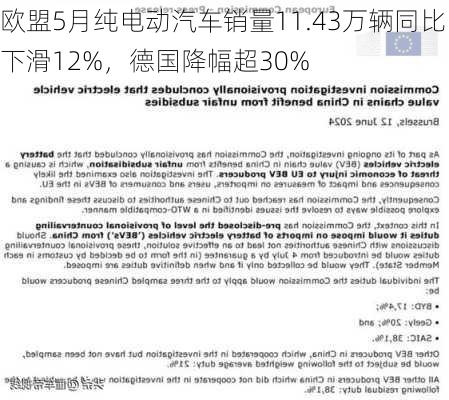 欧盟5月纯电动汽车销量11.43万辆同比下滑12%，德国降幅超30%