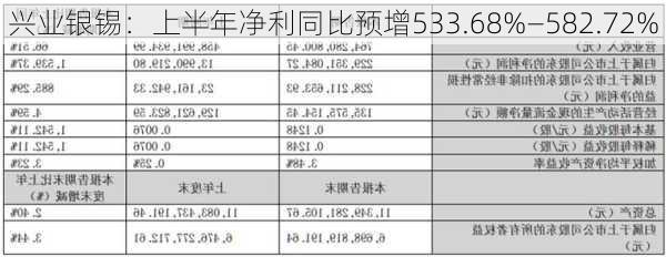 兴业银锡：上半年净利同比预增533.68%―582.72%