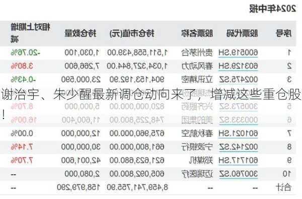 谢治宇、朱少醒最新调仓动向来了，增减这些重仓股！