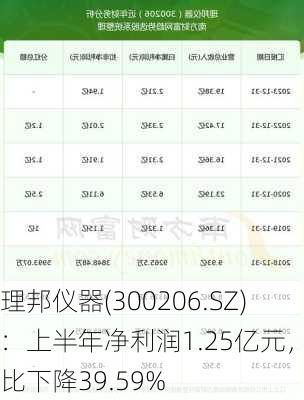 理邦仪器(300206.SZ)：上半年净利润1.25亿元，同比下降39.59%