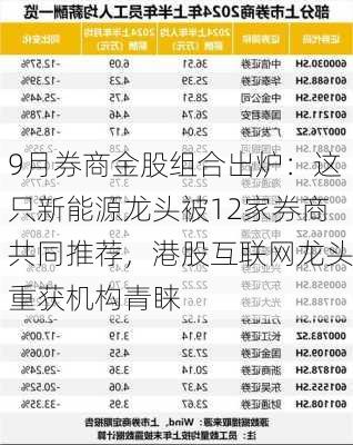 9月券商金股组合出炉：这只新能源龙头被12家券商共同推荐，港股互联网龙头重获机构青睐