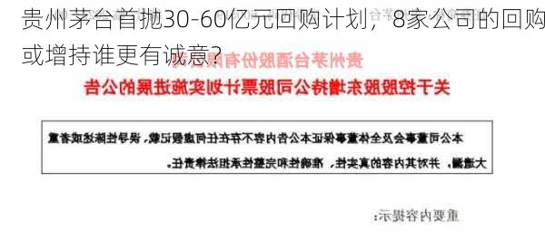 贵州茅台首抛30-60亿元回购计划，8家公司的回购或增持谁更有诚意？