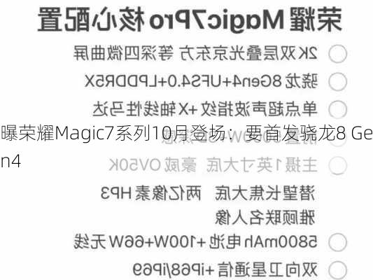 曝荣耀Magic7系列10月登场：要首发骁龙8 Gen4