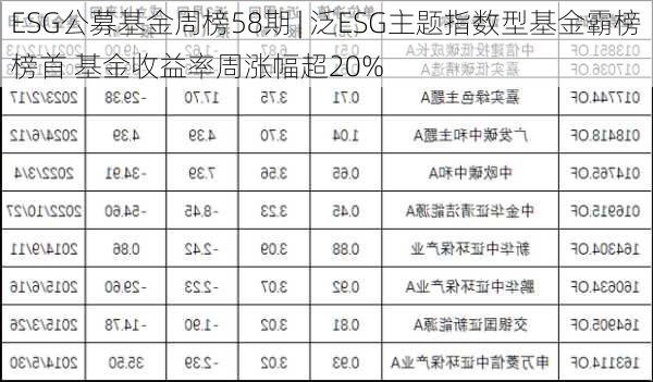 ESG公募基金周榜58期 | 泛ESG主题指数型基金霸榜榜首 基金收益率周涨幅超20%