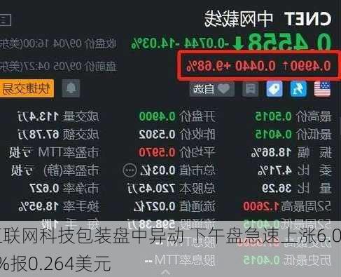 互联网科技包装盘中异动 下午盘急速上涨6.02%报0.264美元