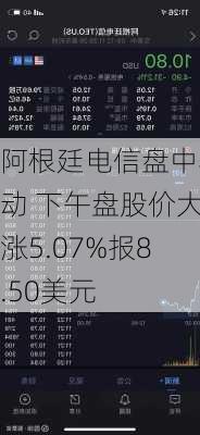 阿根廷电信盘中异动 下午盘股价大涨5.07%报8.50美元