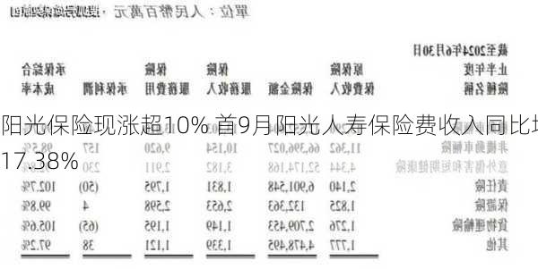 阳光保险现涨超10% 首9月阳光人寿保险费收入同比增长17.38%