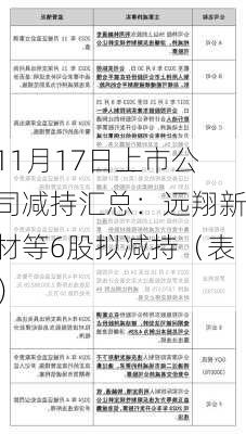 11月17日上市公司减持汇总：远翔新材等6股拟减持（表）