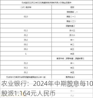 农业银行：2024年中期股息每10股派1.164元人民币