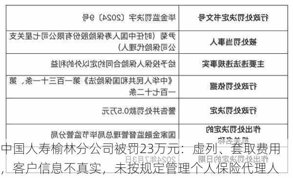 中国人寿榆林分公司被罚23万元：虚列、套取费用，客户信息不真实，未按规定管理个人保险代理人