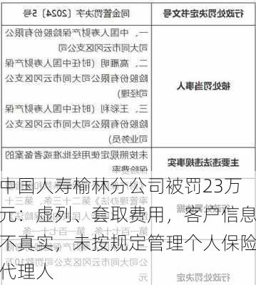 中国人寿榆林分公司被罚23万元：虚列、套取费用，客户信息不真实，未按规定管理个人保险代理人