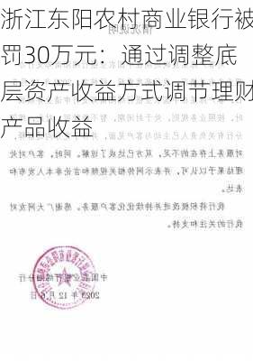 浙江东阳农村商业银行被罚30万元：通过调整底层资产收益方式调节理财产品收益