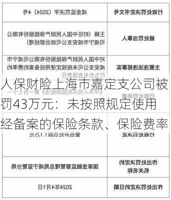 人保财险上海市嘉定支公司被罚43万元：未按照规定使用经备案的保险条款、保险费率