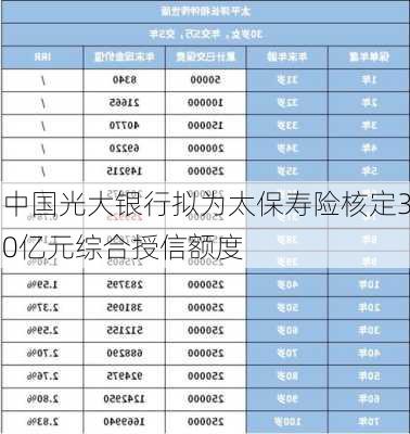 中国光大银行拟为太保寿险核定30亿元综合授信额度