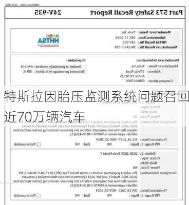 特斯拉因胎压监测系统问题召回近70万辆汽车