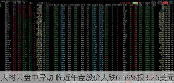 大树云盘中异动 临近午盘股价大跌6.59%报3.26美元